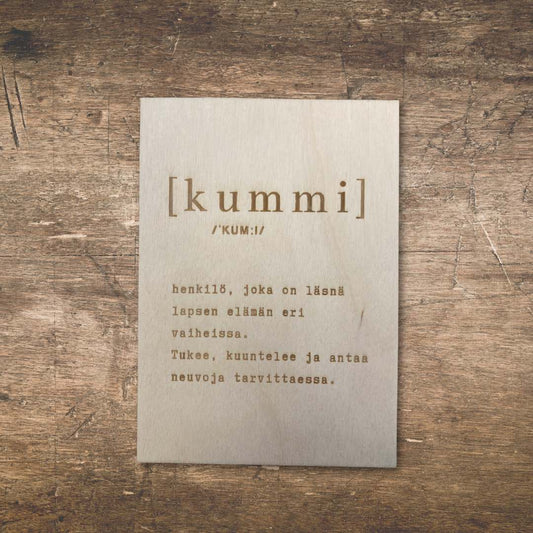 Puinen kummikortti, jolla pyydät ystävää lapsesi kummiksi.