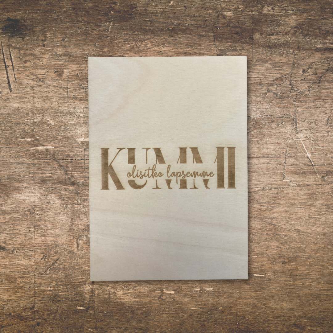 Puinen kummikortti, jolla pyydät ystävää lapsesi kummiksi.