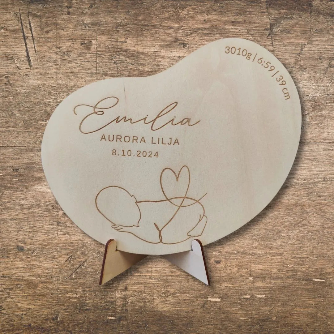 Puinen syntymätaulu sopii ristiäisten ja nimiäisten koristeeksi