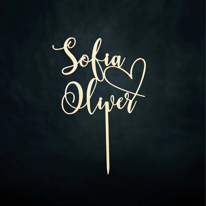 Hääkakkukoriste sydän ja nimet käsityönä Tampereella