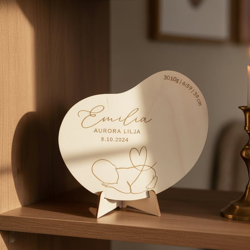 Puinen syntymätaulu sopii ristiäisten ja nimiäisten koristeeksi