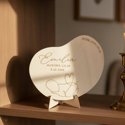 Puinen syntymätaulu sopii ristiäisten ja nimiäisten koristeeksi