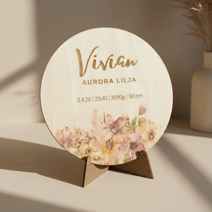Puinen kukkakuvioinen syntymätaulu ristiäisiin tai nimiäisiin.