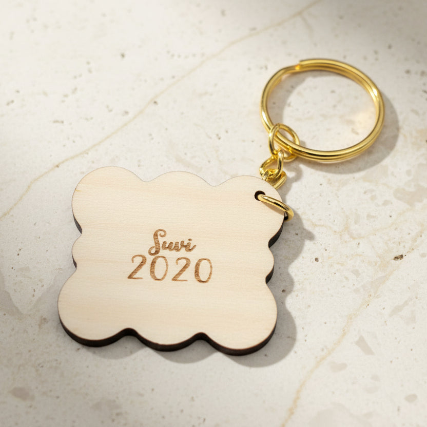 Oma teksti avaimenperän toiselle puolelle.