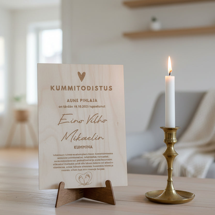 Puinen kummitodistus nimiäisiin haltiakummeille.