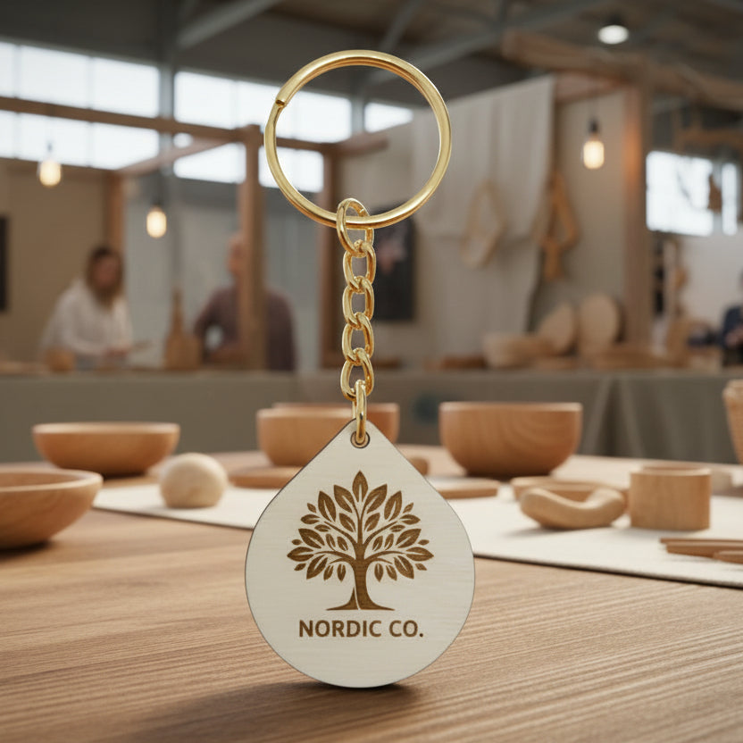 Pisaran muotoinen avaimenperä logolla.