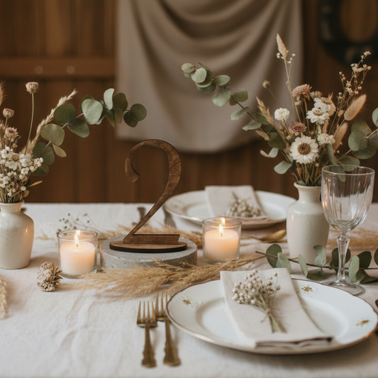  Puiset pöytänumerot häihin koivuvanerista jalustalla